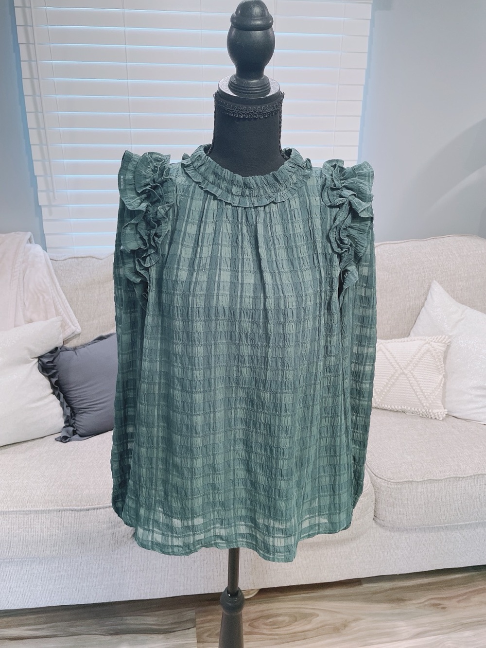 Entro Green Plaid Ruffled Blouse Size M